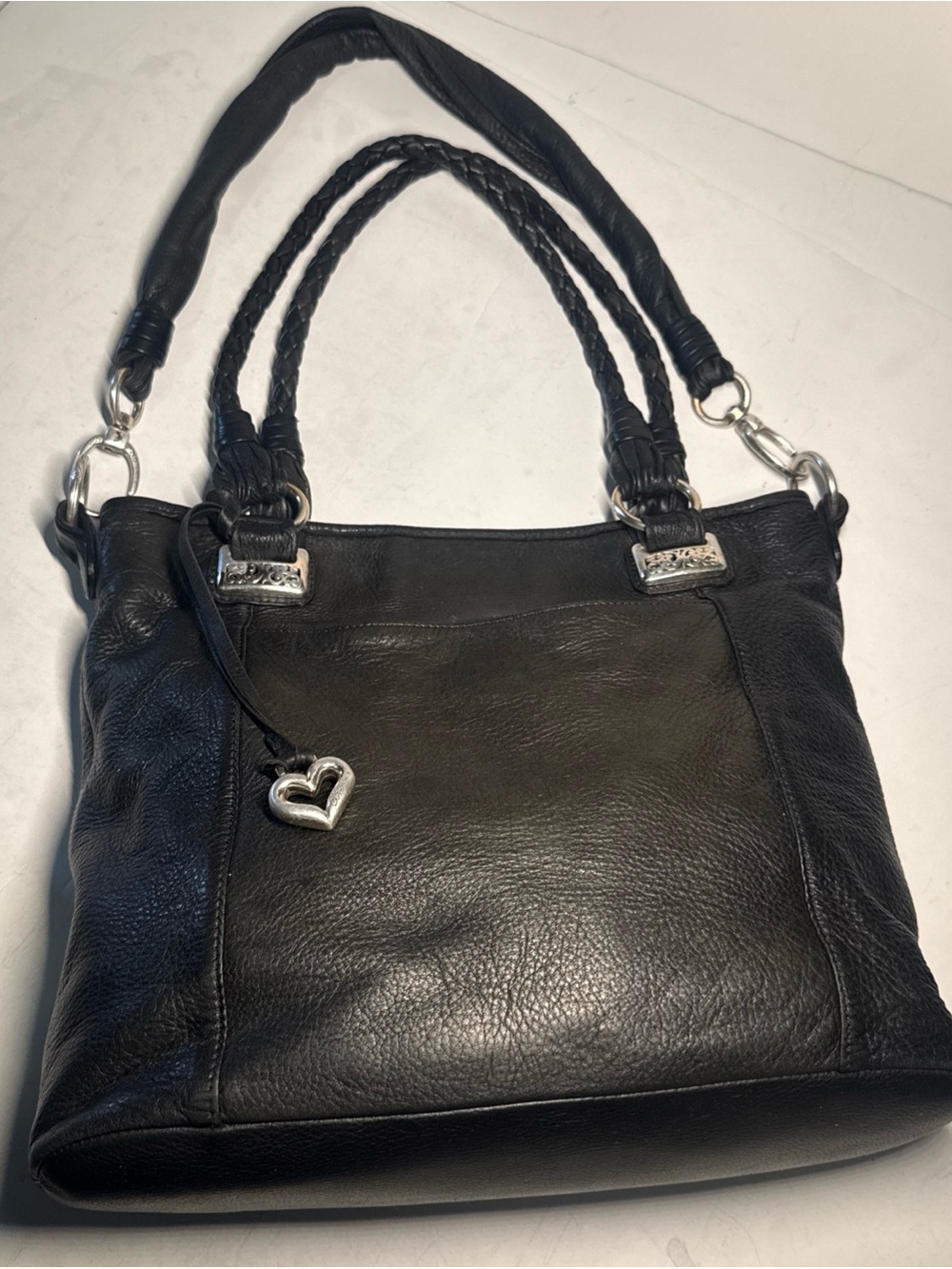 Brighton Black Leather Shoulder Tote with Heart Charm